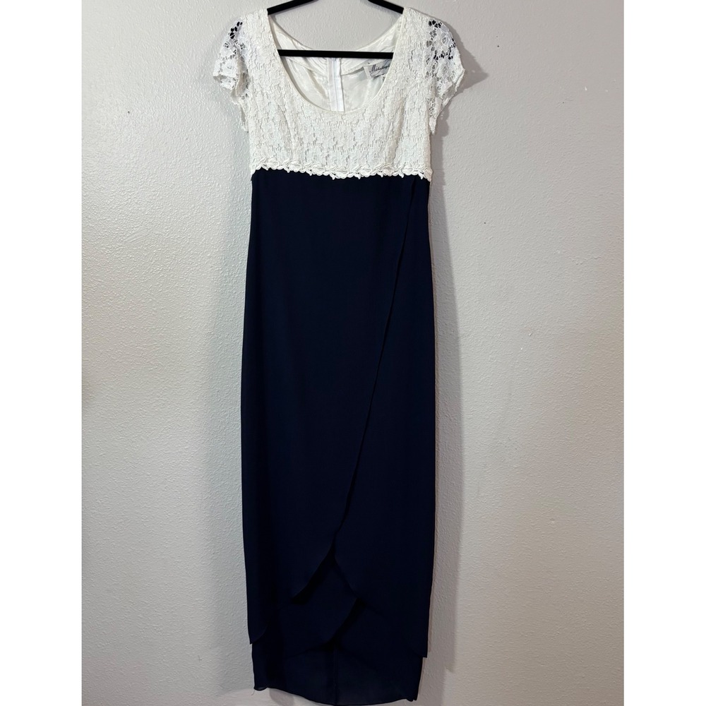 Michaelangelo Vintage Lace Navy Chiffon Tulip Hem Formal Maxi Dress Size 10